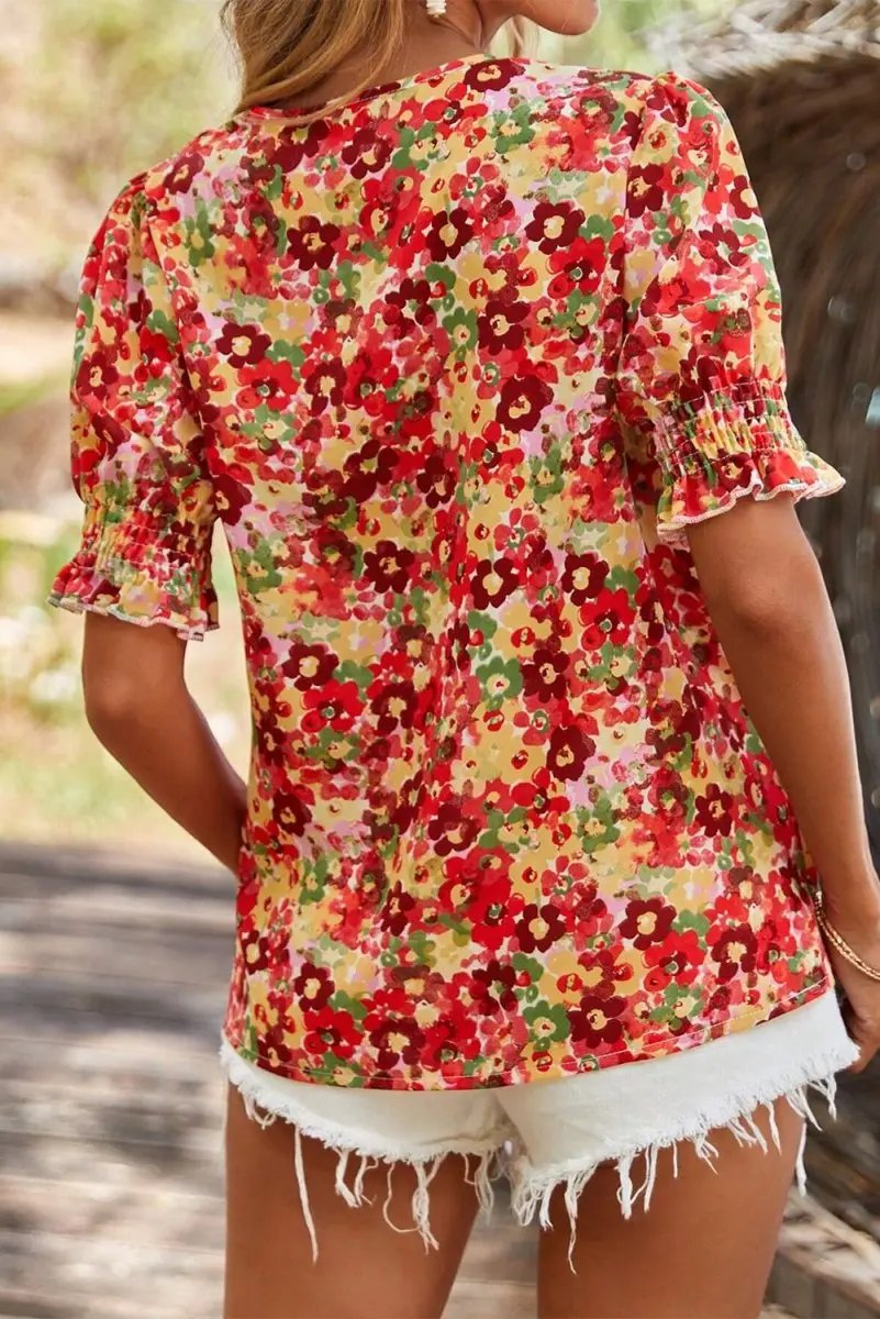 Red Floral Bubble Sleeve Pleated V Neck Wrap Blouse for Women - Love Salve